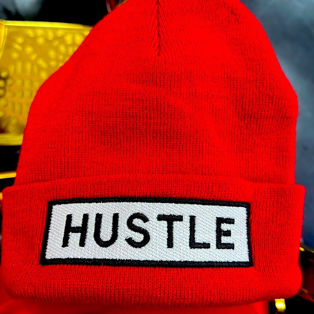 Red hustle beanie